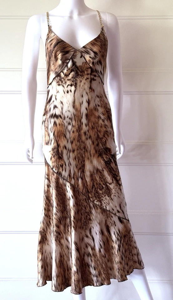 *ROBERTO CAVALLI* Rare Vintage 2003 Silk Leopard Dress w/Gold Chain Charm Straps