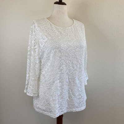 Croft & Barrow Lacy Ivory Bell Sleeves Floral Embroidered Blouse. Lined. XL