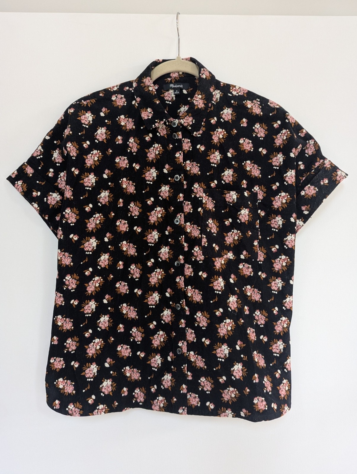 Madewell Women Medium Black Pink Floral Corduroy Short Sleeve Button Down Shirt
