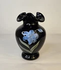 FENTON VTG 1990 Black Glass Vase W/ Hand Painted Blue Lily Marked & Signed 6.5"