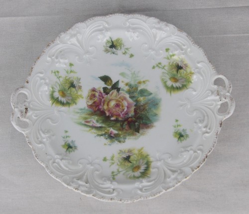 Antiker deutscher Rosenthal Kuchenteller mit Henkeln - handbemalte Rosen - Bild 3 von 12