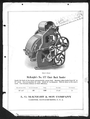 L.G. McKnight & Sons Co. c1920's-30's No. 177 Chair Back Sander Product Sheet