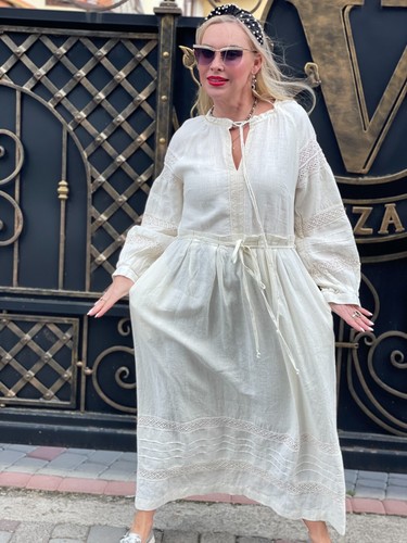 White Linen Maxi Dress with Embroidery – Boho Style – Flax 1st Grade – Sizes UA - Picture 6 of 11