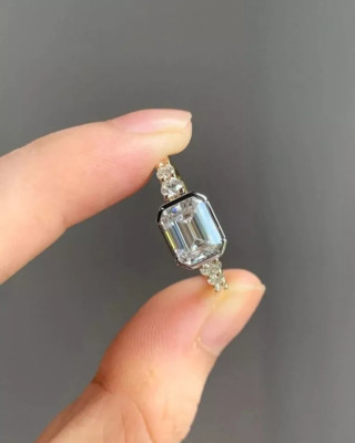 Hidden Halo East West 2.0 CTW Emerald Cut Moissanite Bezel Set Engagement Ring