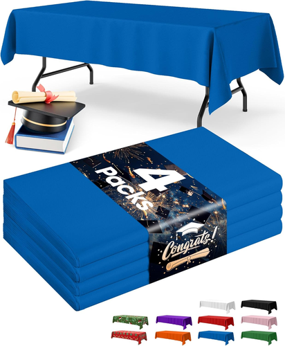 Blue Plastic Table Cloth Rectangle Table 4 Pack, 54''×108'' Tablecloth for Gradu