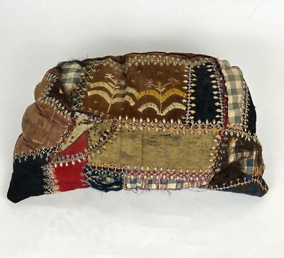 Antique Handmade Crazy Quilt Pattern Pillow Embroidered Details