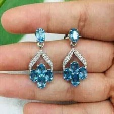 14k White Gold Plated 3Ct Oval Cut Lab-Created Blue Topaz Drop/Dangle Earrings