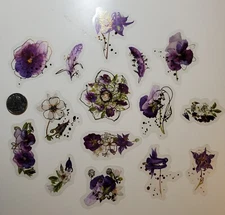 Purple Floral stickers - 30 stickers - 2 ea of 15 images with gold accents 