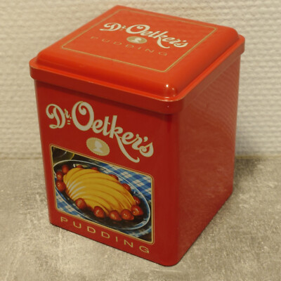 Blechdose mit Deckel in Rot mit Weiß-Goldener Aufschrift  Dr. Oetker s PUDDING 