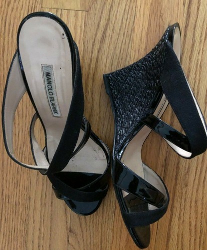 Manolo Blahnik Wedge Sandals Heels Black Varchi Sz39 -8.5 Dressy $795 Worn Once - Picture 2 of 6