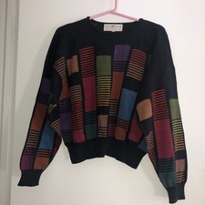 Vintage 80/90 Peruvian Connection Hand Knit Pima Cotton Sweater M Colorful Block