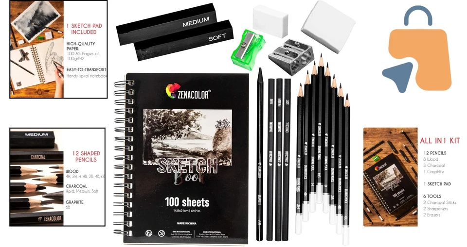 Versátil paquete de cuaderno de bocetos con 100 páginas, lápices de colores y suministros de carbón Foto 2 de 4