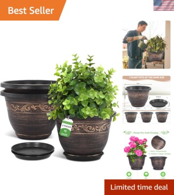 Retro Antique 16-Inch Resin Planters - 3 Lightweight Flower Pots with Drainage