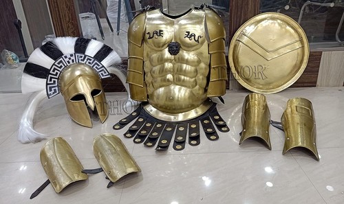 Medieval Armor Muscle Jacket Brass Greek Helmet + Guard & Shield Ancient Role - Picture 11 of 12