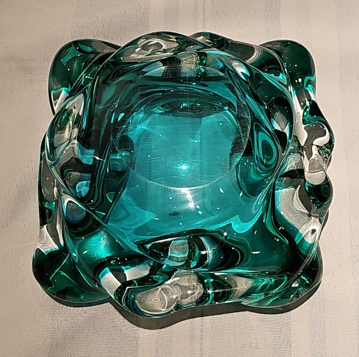 Vintage Murano Italy Sumerso Art Glass Ashtray Aqua Blue Green 8.5