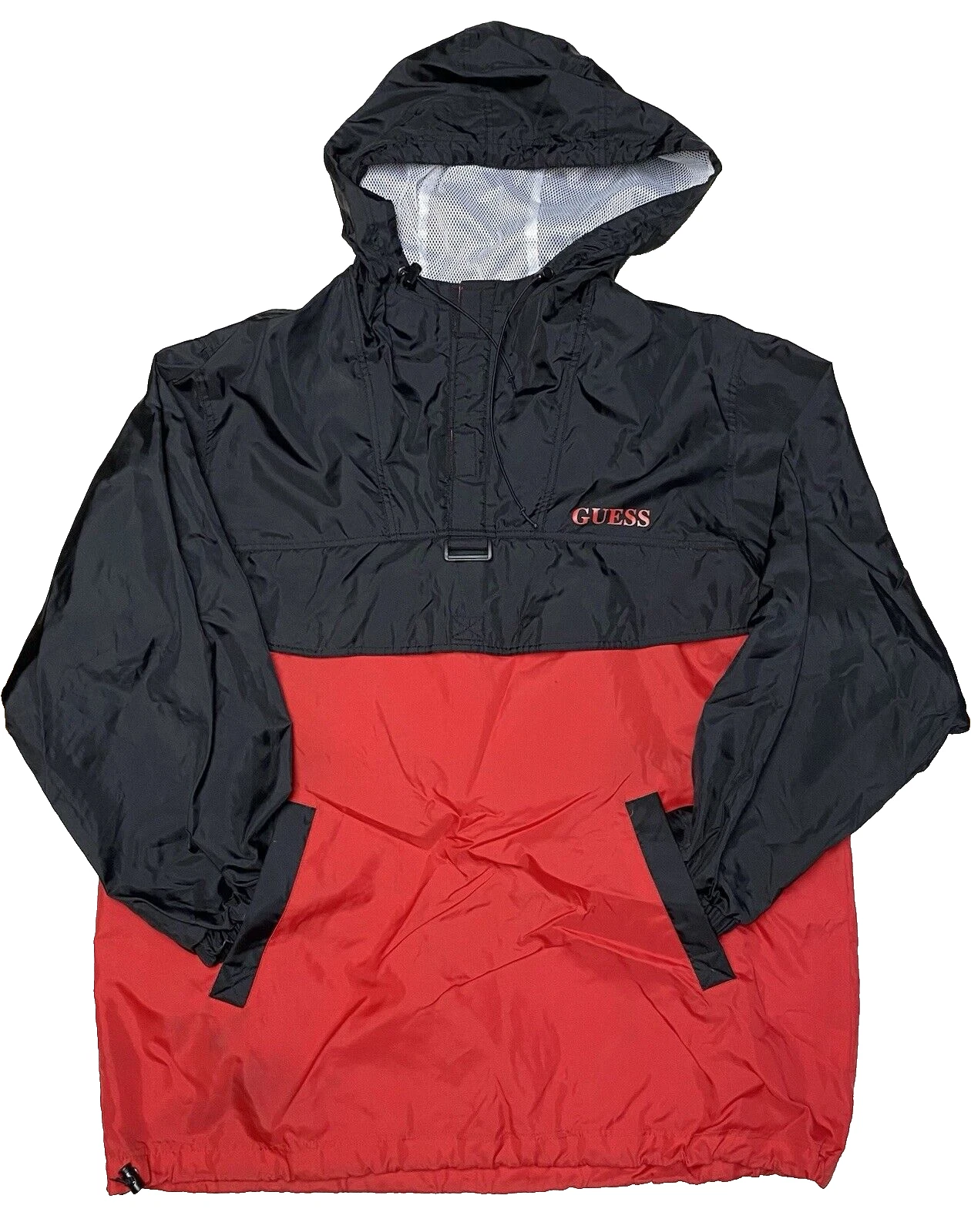 Vintage GUESS Spell out Black Red Nylon Pullover Windbreaker XL Kangaroo Pouch