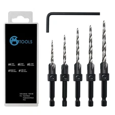 Countersink Drill Bit Set, 5Pcs Tapered Drill Bits M2 HSS, with 1/4" Hex Shan...