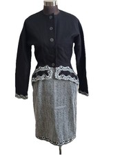 Vintage 1980s Geoffrey Beene Skirt Jacket Set Lace Embroidered Black White 8