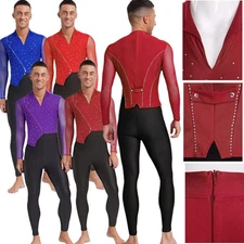 Men Jumpsuit Patchwork Bodysuit Dance One-Piece Fashion Dancewear Rhinestones
