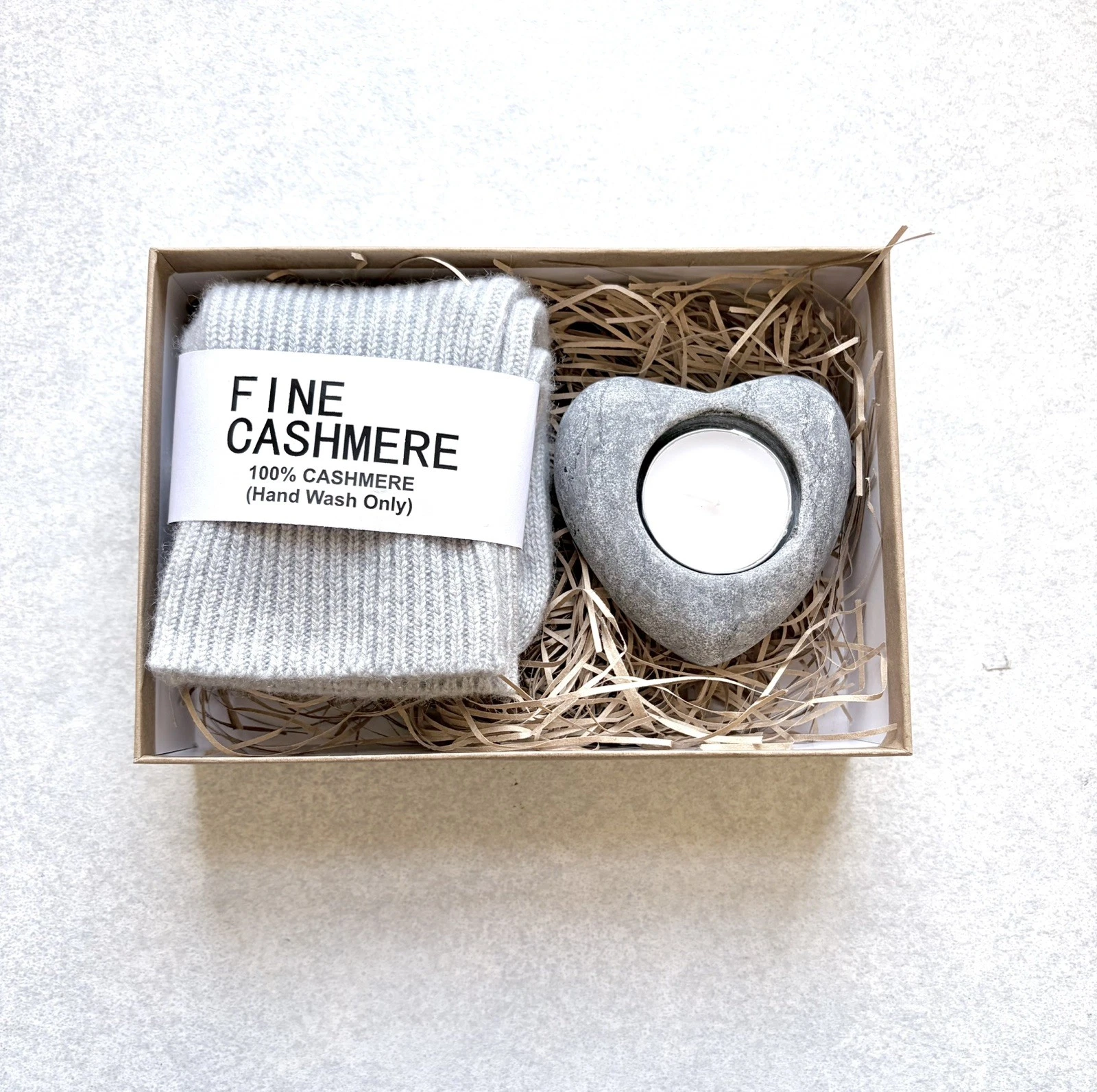 Gift Box With 100% Cashmere Bed Sock And Heart Shaped Stone Tea Light Holder