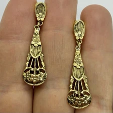 Vtg Victorian Revival Gold Plate Morning Glory Openwork Teardrop Dangle Earrings