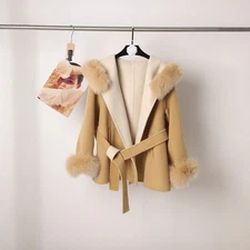 Luxury Winter Fox Fur Long Sleeved Wool Coat Hooded Slimming Korean Wool Jacket