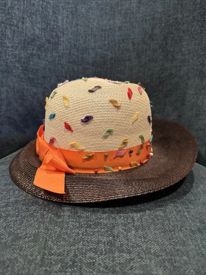 RARE Olympic Style Master Paris NY Milano Straw Cloche Hat w/ Sprinkles & Bow - Image 2 of 4