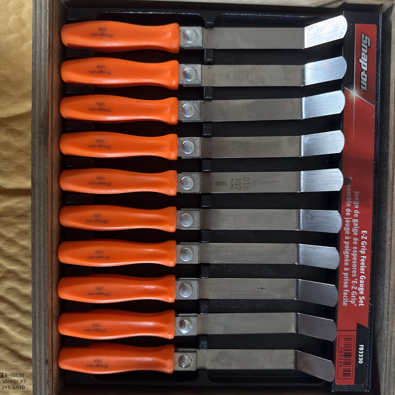Snap-on Tools FB333O 10-Piece NICE Orange Handle E-Z Grip Feeler Gauge Set
