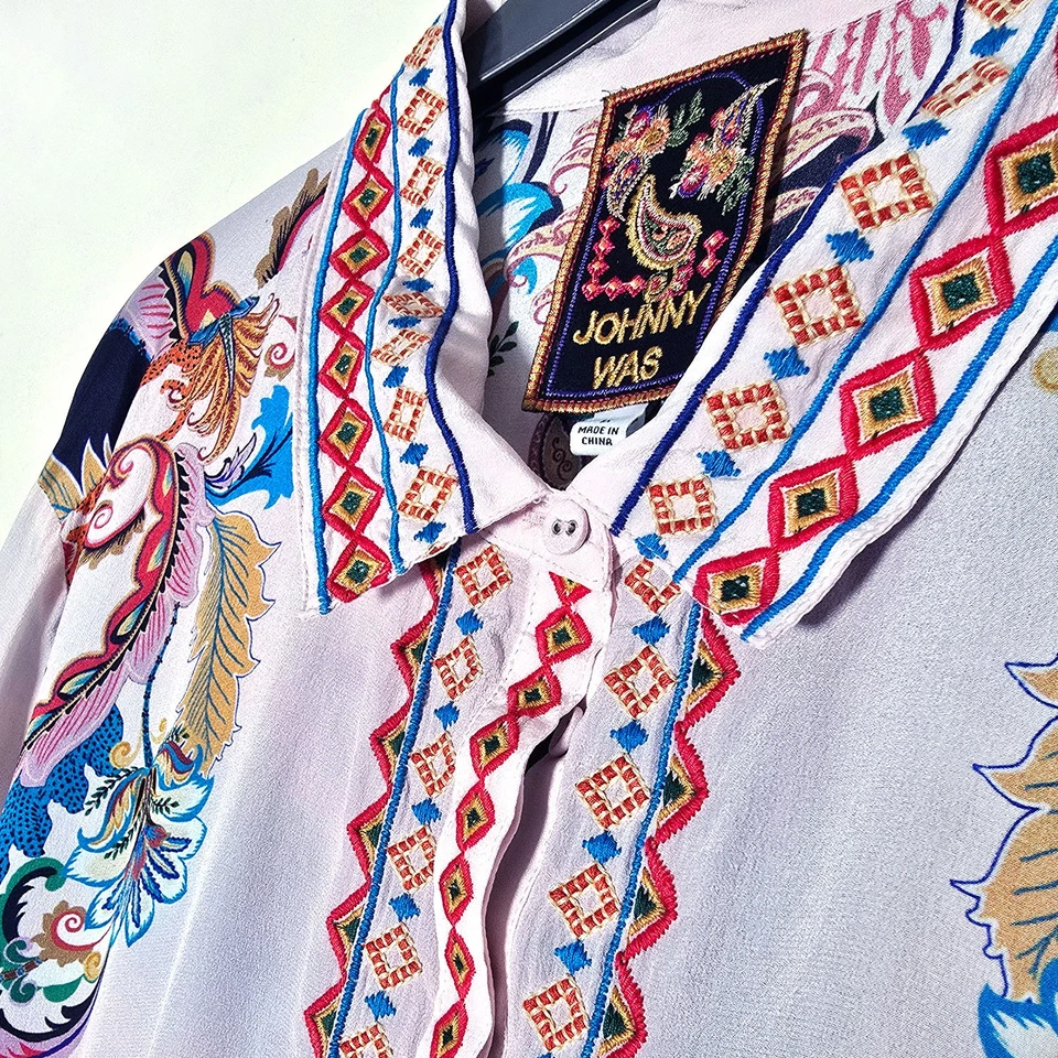 New Johnny Was Embroidered Button Down Morelia Silk Blouse Shirt  1X - Image 3 of 4