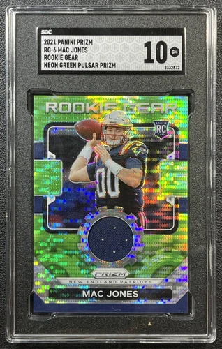 MAC JONES SGC 10 2021 PANINI PRIZM #RG-6 ROOKIE GEAR NEON GREEN PULSAR RC JERSEY