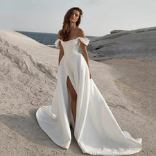 Soft Satin A Line Wedding Dresses Sleeveless Off the Shoulder Bridal Party Gowns