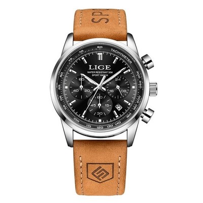 Men Watch Quartz Analog Date Stainless Steel Case Leather Band Casual Wristwatch