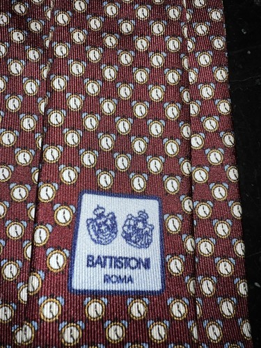 BATTASTONI ROMA SILK NECKTIE CLOCK PATTERN HAND MADE IN ITALY MAROON - Picture 2 of 9