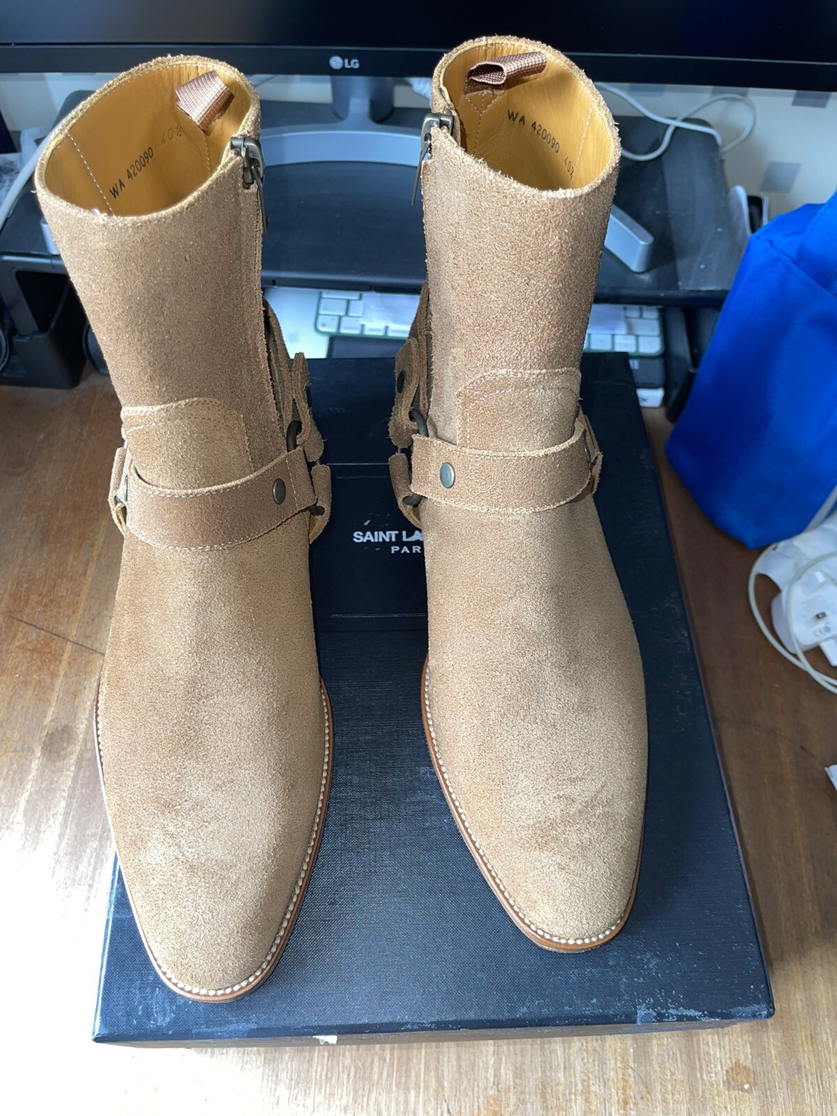 Stivali Saint Laurent Paris Nut Wyatt scamosciati imbracatura tacco 40 mm misura 40 5