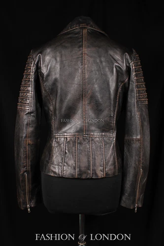 Ladies JENNER Biker Fitted Jacket Black Washed Vintage Look Soft Leather Jacket - Picture 7 of 13
