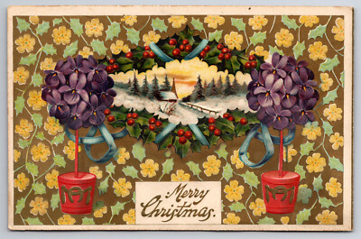 C1910 Christmas Postcard Violets Apothecary Trees & Holly Around Winter Scene
