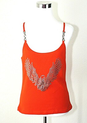 BIKER DESIGN Knit Tank Top Sz. L Orange Metal Dots Eagle Biker Summer Casual #02
