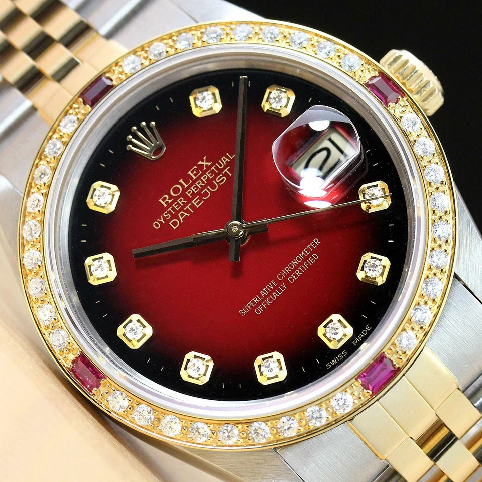 RELOJ ROLEX PARA HOMBRE DATEJUST 16013 VIÑETA ROJA ORO AMARILLO 18K RUBÍ DIAMANTE ACERO