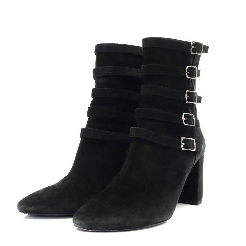【Stivali】SAINT LAURENT PARIS Stivali Tacco Alto Corto Cinturino Laterale Scamosciato 37 24cm Nero