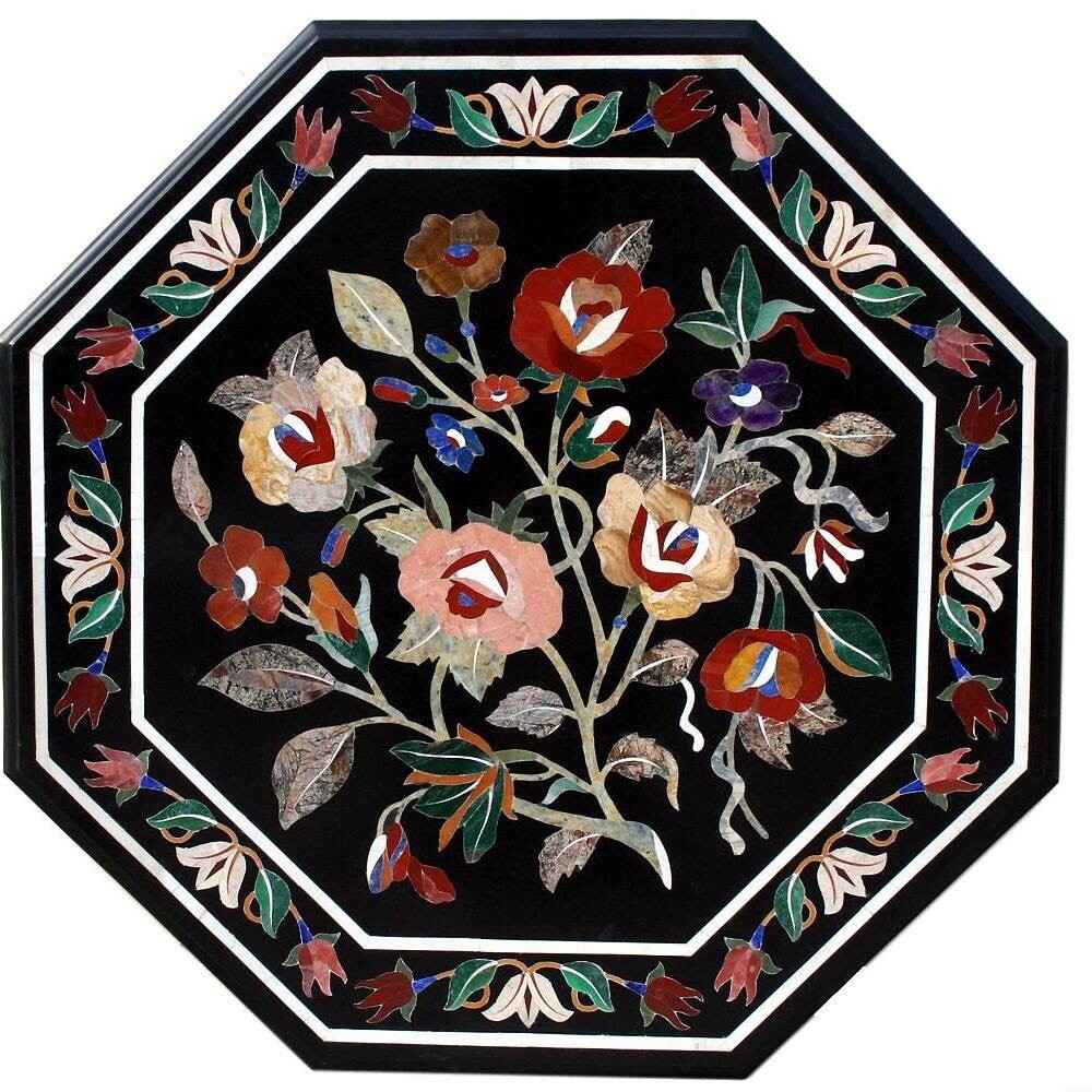 36 Inch Handmade Marble Dining Table Top with Semi-Precious Stone Inlay