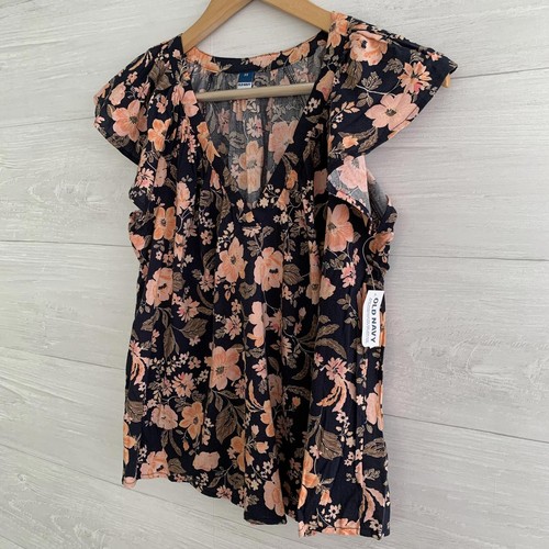 NWT Old Navy - Navy peach floral flutter cap sleeve v-neck top, XS - Picture 3 of 6