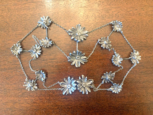 ANTIQUE ART NOUVEAU WILLIAM KERR STERLING SILVER RARE CHAIN BELT - FLORAL DAISY