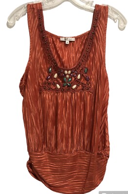 Y2K Moa Moa Women's Sleeveless Top Embellished w Stones Size Medium Orange Vtg