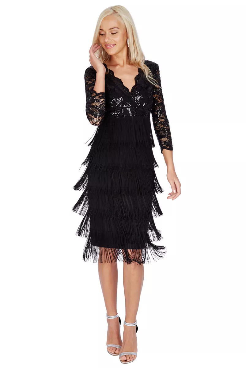Black Sequin u0026amp; Fringe Flapper Midi Dress Cocktail Prom Formal Eve Party  8-14 | eBay