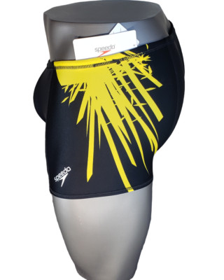 RARE Men's SPEEDO EXPLODE Black / Yellow Square Cut Swim (Boxer Brief) Size 30
