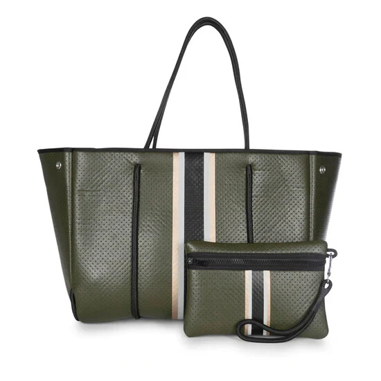 HAUTE SHORE GREYSON ENVY NEOPRENE TOTE BAG WITH WRISTLET OLIVE ROSE GOLD BEIGE