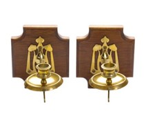 Pair Brass Wall Sconce Candlesticks On Wood Mounts Antique Art Nouveau c.1905