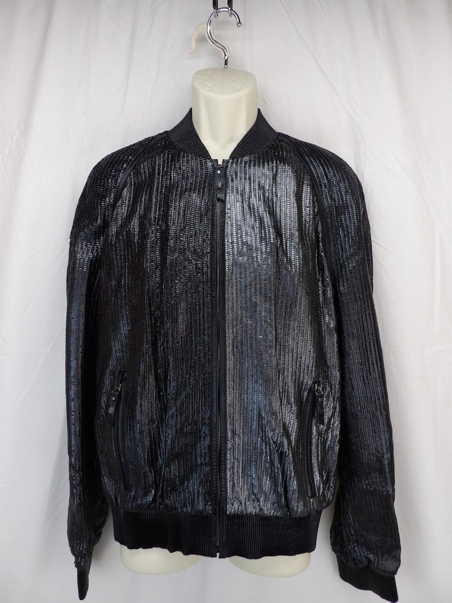 NWT VERSACE A58670 BLACK LEATHER SEQUIN EFFECT ZIP BOMBER JACKET