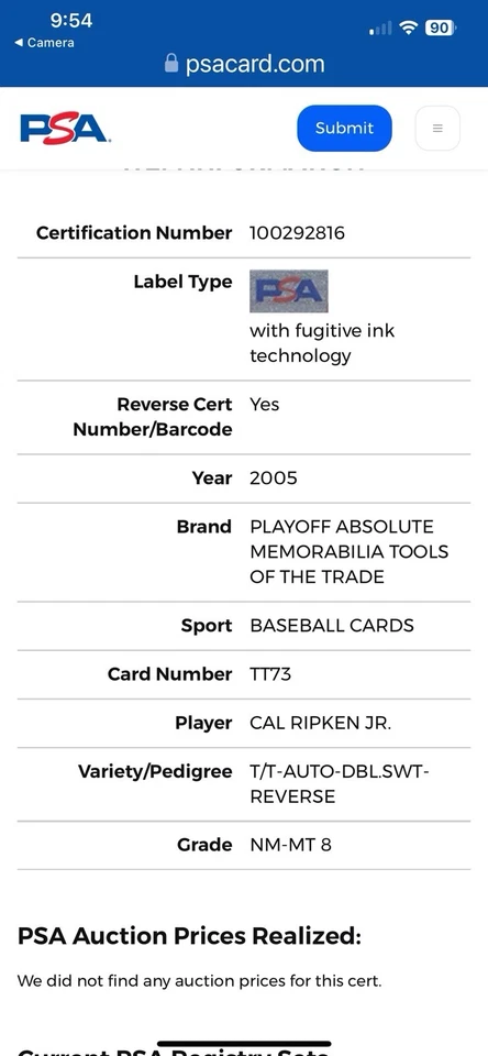 Абсолютные сувениры плей-офф 2005 — Tools/Trade Cal Ripken Jr PSA 8 почти как новые - Изображение 3 из 3