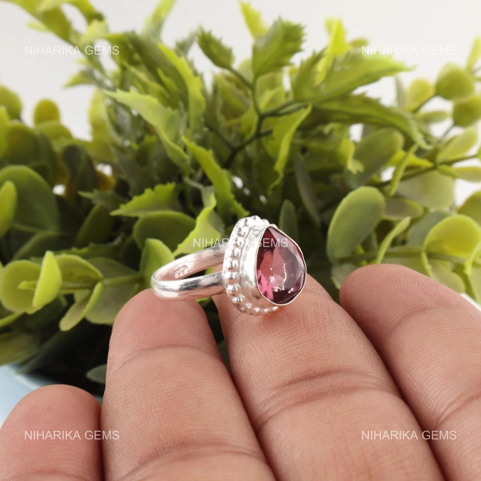 Anillo de compromiso solitario aniversario madre rodolita natural pera plata 925 Foto 4 de 4